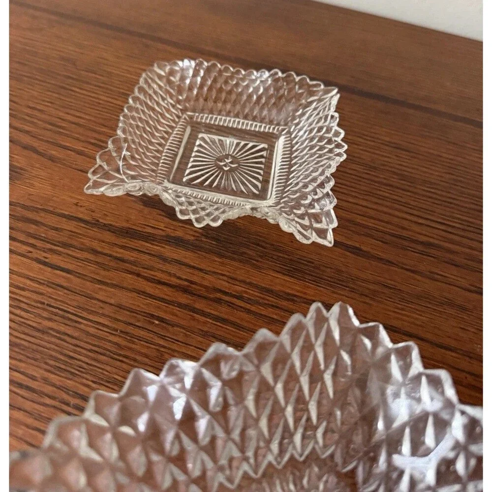 Vintage Clear Diamond Square Glass 5 Candy Dishes with Silver Pedestal
